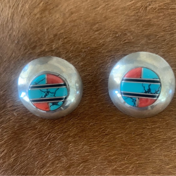 Jewelry - NATIVE AMERICAN STERLING SILVER TURQUOISE / CORAL EARRINGS.